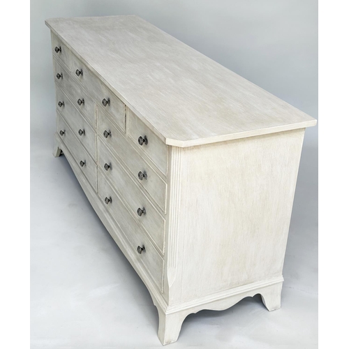 151 - LOW CHEST, Georgian style grey painted with nine drawers and bracket supports, 74cm H x 153cm W x 47... 