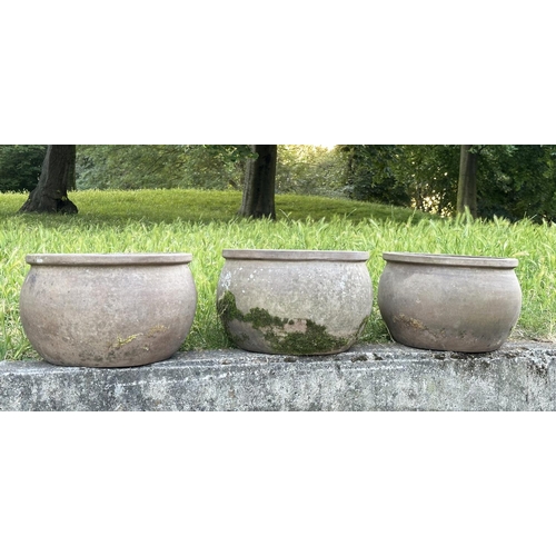 156 - TERRACOTTA GARDEN PLANTERS, a set of three, well weathered terracotta, 38cm W x 33cm H. (3)