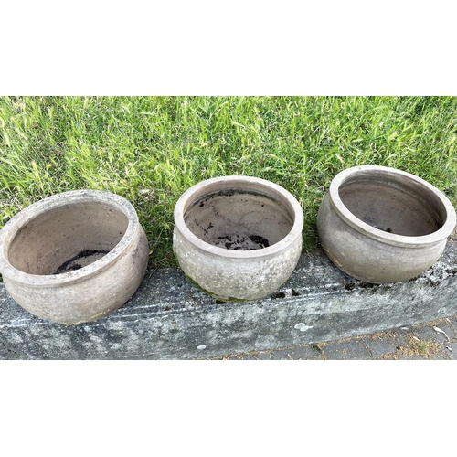 156 - TERRACOTTA GARDEN PLANTERS, a set of three, well weathered terracotta, 38cm W x 33cm H. (3)