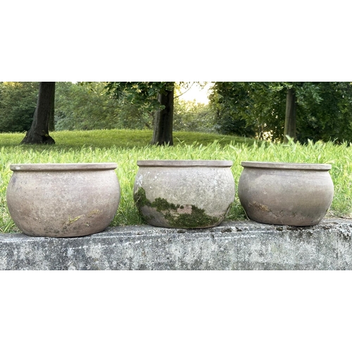 156 - TERRACOTTA GARDEN PLANTERS, a set of three, well weathered terracotta, 38cm W x 33cm H. (3)