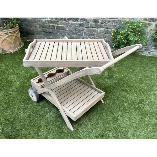 218 - GARDEN TROLLEY, vintage teak with two tiers with tray together with a 1960's period teak ice bucket,... 