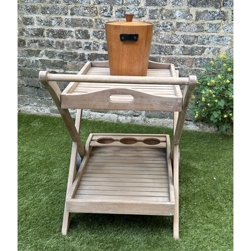 218 - GARDEN TROLLEY, vintage teak with two tiers with tray together with a 1960's period teak ice bucket,... 