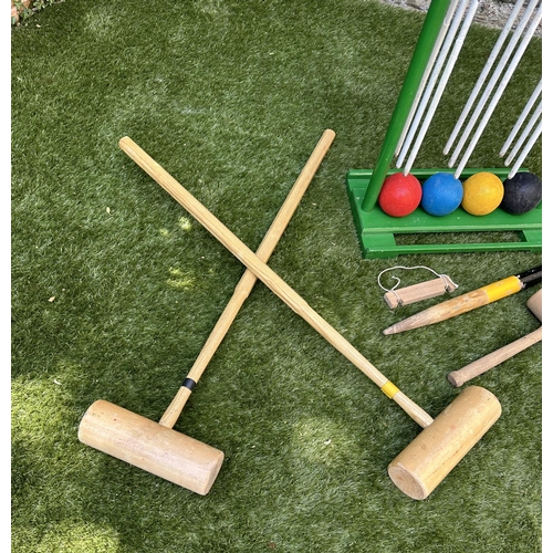 220 - CROQUET SET, a vintage set on portable stand, 46cm x 99cm H.