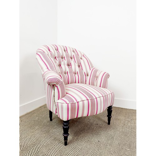 199 - BERGERE, Napoleon III ebonised with cream and magenta striped fabric, 84cm H x 78cm x 75cm.