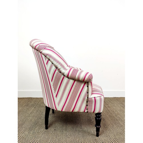 199 - BERGERE, Napoleon III ebonised with cream and magenta striped fabric, 84cm H x 78cm x 75cm.