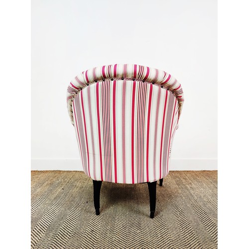 199 - BERGERE, Napoleon III ebonised with cream and magenta striped fabric, 84cm H x 78cm x 75cm.