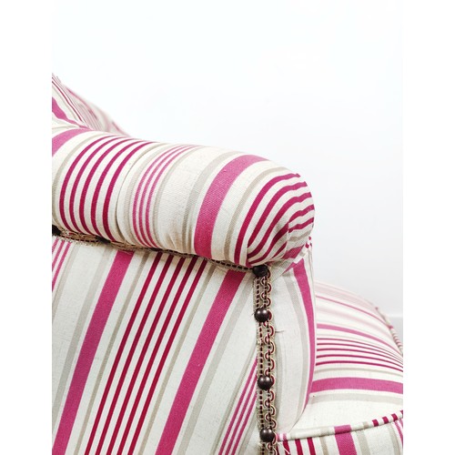 199 - BERGERE, Napoleon III ebonised with cream and magenta striped fabric, 84cm H x 78cm x 75cm.