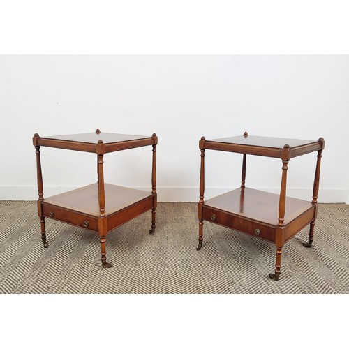 162 - LAMP TABLES, a pair, Georgian style yewwood, each with drawer on brass castors, 61cm H x 45cm x 45cm... 