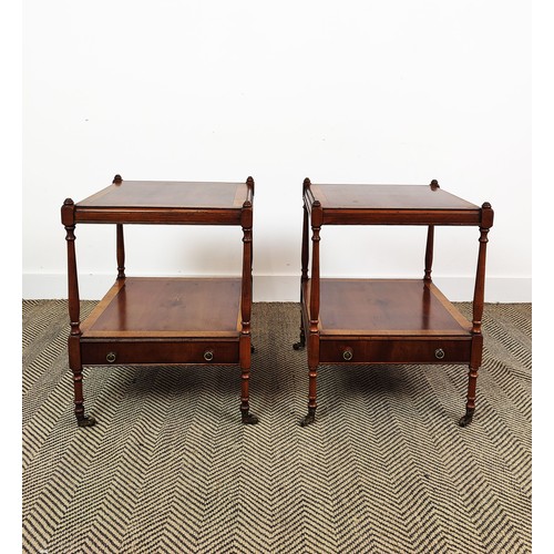 162 - LAMP TABLES, a pair, Georgian style yewwood, each with drawer on brass castors, 61cm H x 45cm x 45cm... 