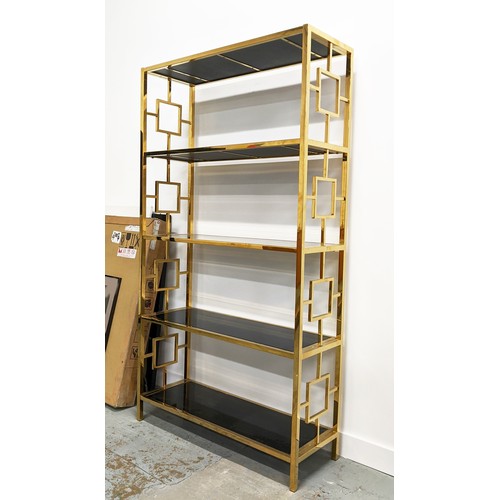 444 - ETAGERE, gilt metal with smoked glass shelves, 195cm H x 107cm x 38cm.