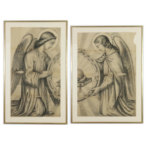 60 - A PAIR OF LARGE MID 19TH CENTURY FRENCH DRAWINGS of winged Angels in pencil and charcoal, mounted on... 