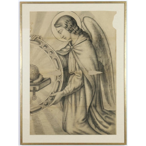 60 - A PAIR OF LARGE MID 19TH CENTURY FRENCH DRAWINGS of winged Angels in pencil and charcoal, mounted on... 