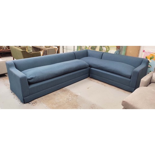 490 - CORNER SOFA, in blue fabric, in three sections, 330cm x 255cm x 84cm.