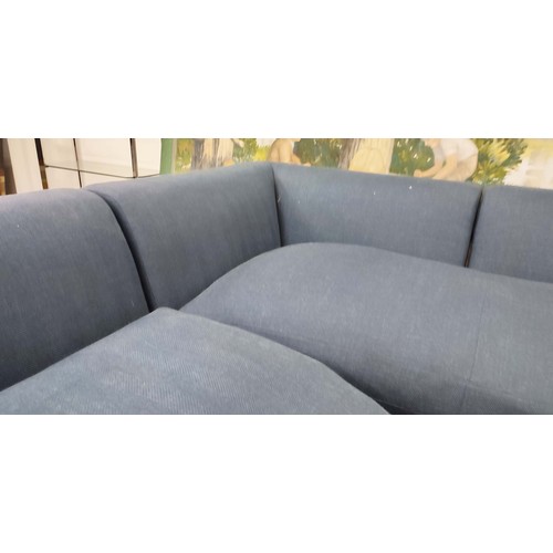 490 - CORNER SOFA, in blue fabric, in three sections, 330cm x 255cm x 84cm.