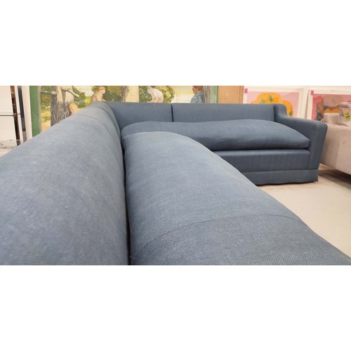 490 - CORNER SOFA, in blue fabric, in three sections, 330cm x 255cm x 84cm.