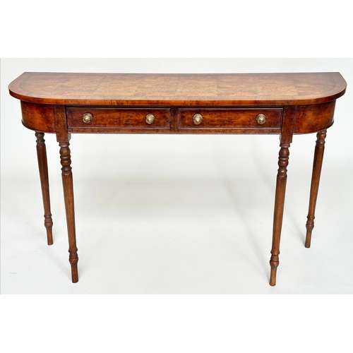 128 - HALL TABLE, George III design walnut and crossbanded with rounded ends, two frieze drawers and turne... 