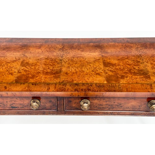 128 - HALL TABLE, George III design walnut and crossbanded with rounded ends, two frieze drawers and turne... 