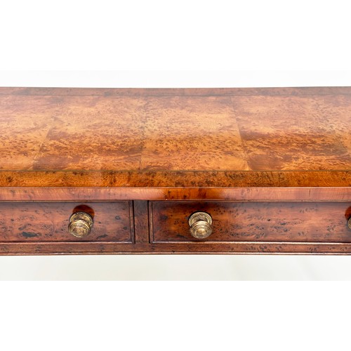 128 - HALL TABLE, George III design walnut and crossbanded with rounded ends, two frieze drawers and turne... 