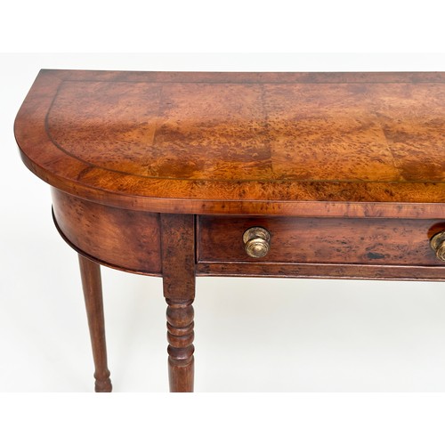 128 - HALL TABLE, George III design walnut and crossbanded with rounded ends, two frieze drawers and turne... 