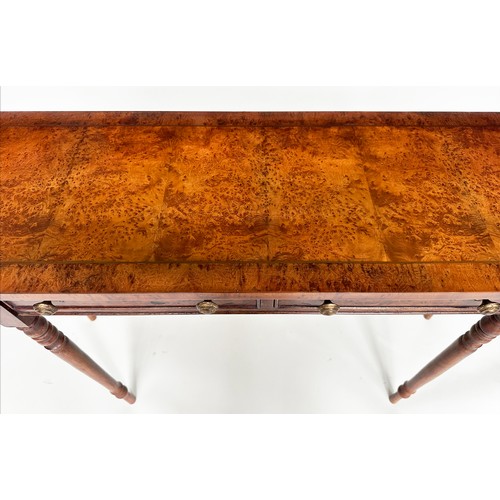 128 - HALL TABLE, George III design walnut and crossbanded with rounded ends, two frieze drawers and turne... 