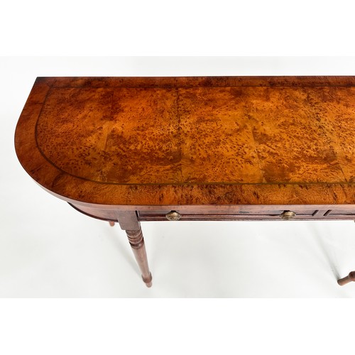 128 - HALL TABLE, George III design walnut and crossbanded with rounded ends, two frieze drawers and turne... 