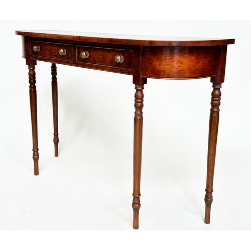 128 - HALL TABLE, George III design walnut and crossbanded with rounded ends, two frieze drawers and turne... 