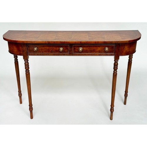 128 - HALL TABLE, George III design walnut and crossbanded with rounded ends, two frieze drawers and turne... 