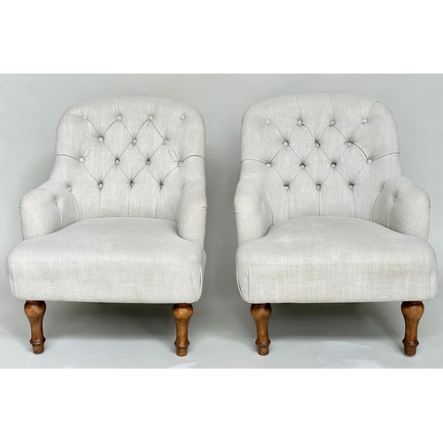 137 - ARMCHAIRS, a pair, Victorian style grey linen button back upholstery with arched back and turned fro... 