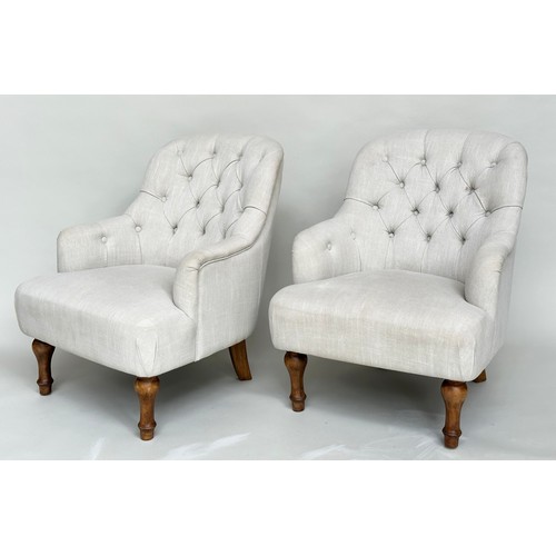 137 - ARMCHAIRS, a pair, Victorian style grey linen button back upholstery with arched back and turned fro... 