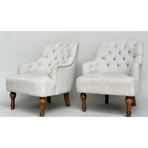 137 - ARMCHAIRS, a pair, Victorian style grey linen button back upholstery with arched back and turned fro... 