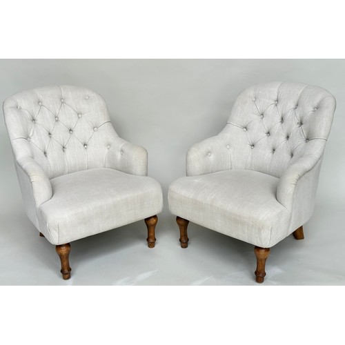 137 - ARMCHAIRS, a pair, Victorian style grey linen button back upholstery with arched back and turned fro... 