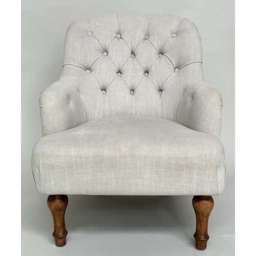 137 - ARMCHAIRS, a pair, Victorian style grey linen button back upholstery with arched back and turned fro... 