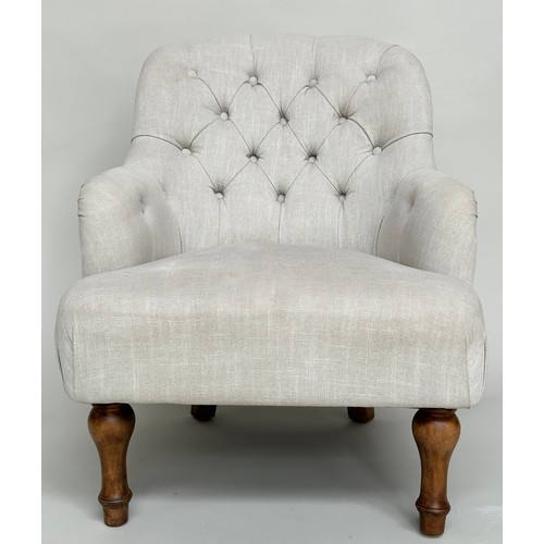 137 - ARMCHAIRS, a pair, Victorian style grey linen button back upholstery with arched back and turned fro... 