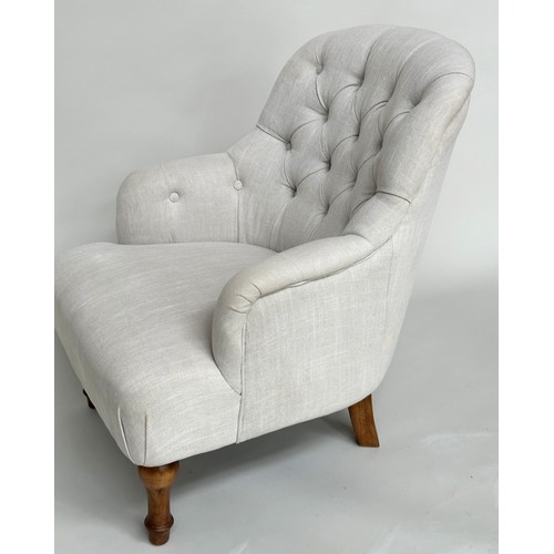 137 - ARMCHAIRS, a pair, Victorian style grey linen button back upholstery with arched back and turned fro... 