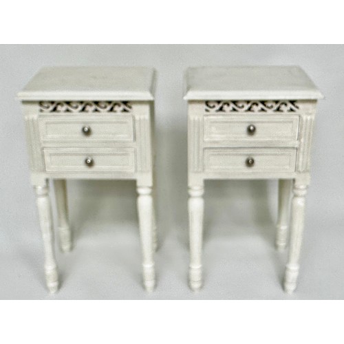 148 - BEDSIDE CHESTS, a pair, French style grey painted each with two drawers and pierced frieze, 40cm x 3... 