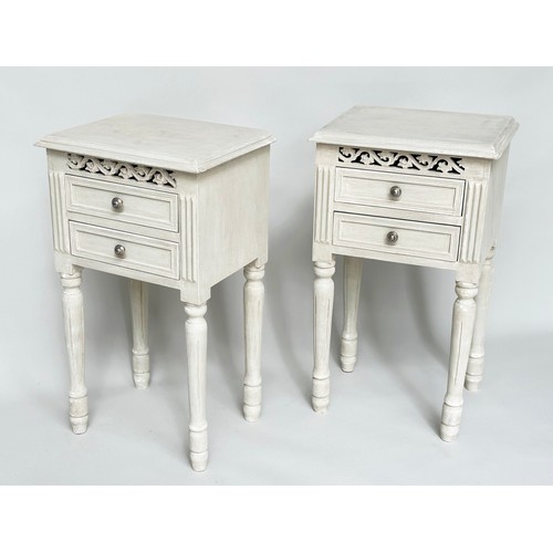 148 - BEDSIDE CHESTS, a pair, French style grey painted each with two drawers and pierced frieze, 40cm x 3... 