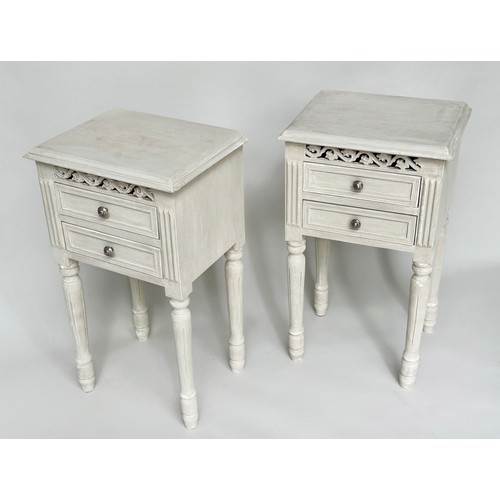 148 - BEDSIDE CHESTS, a pair, French style grey painted each with two drawers and pierced frieze, 40cm x 3... 