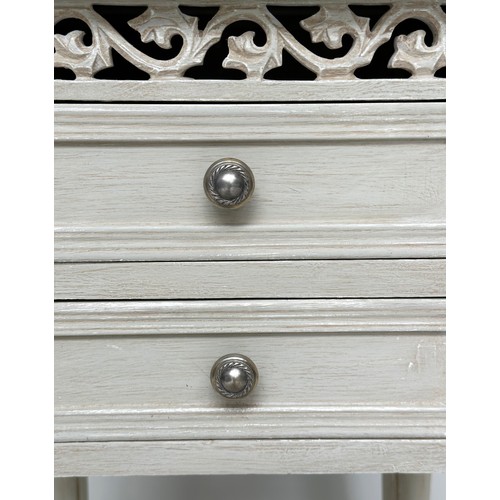 148 - BEDSIDE CHESTS, a pair, French style grey painted each with two drawers and pierced frieze, 40cm x 3... 