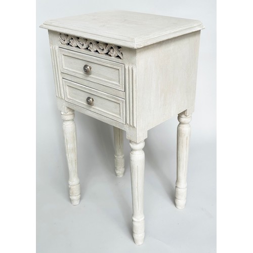 148 - BEDSIDE CHESTS, a pair, French style grey painted each with two drawers and pierced frieze, 40cm x 3... 