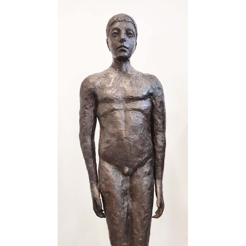 450 - CONTEMPORARY SCHOOL SCULPTURAL MAN AND WOMEN, cast metal, 194cm H. (2)