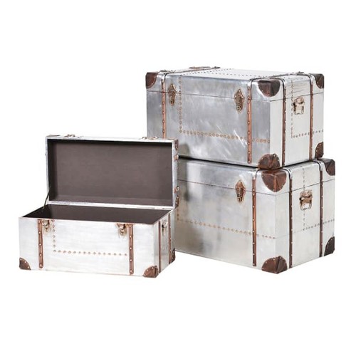 381 - TRUNKS, a graduated set of three, metal clad, largest 72cm H x 82cm x 46cm. (3)