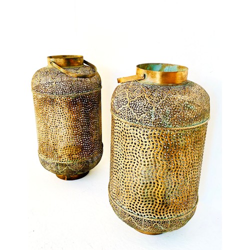 382 - LANTERNS, a pair, Oriental style pierced gilt metal, 70cm H x 35cm W (2)