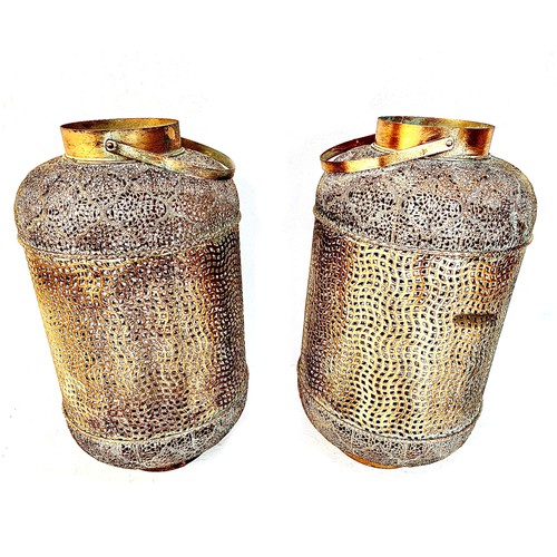 382 - LANTERNS, a pair, Oriental style pierced gilt metal, 70cm H x 35cm W (2)