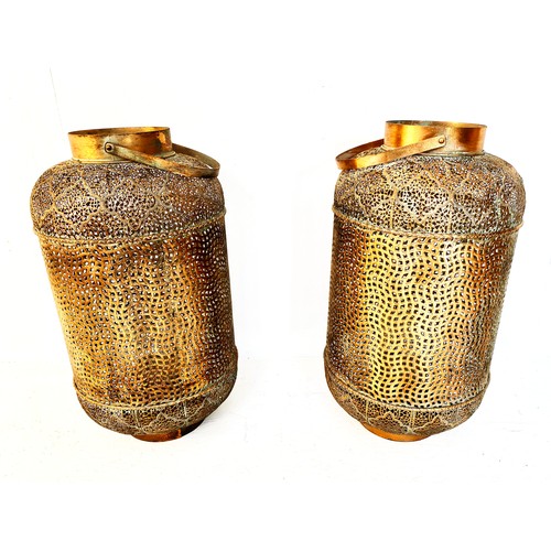 382 - LANTERNS, a pair, Oriental style pierced gilt metal, 70cm H x 35cm W (2)