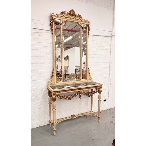 111 - CONSOLE TABLE AND MIRROR, Louis XVI style cream painted and giltwood with triple bevelled plates and... 