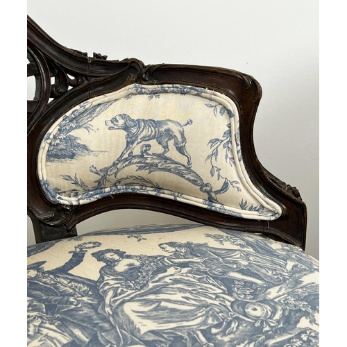 186 - SALON CHAIR, 19th century French mahogany carved showframe upholstered in toile de jouy fabric, 92cm... 