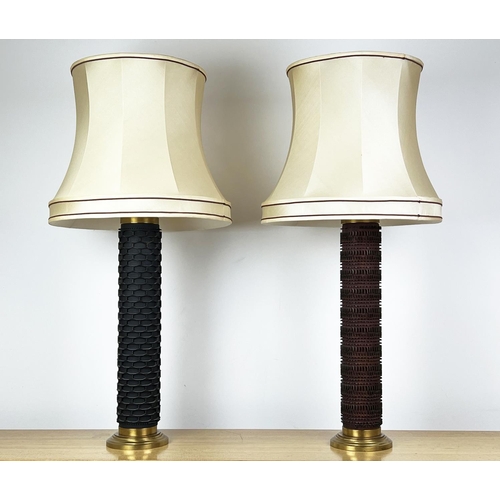 188 - TABLE LAMPS, a pair, the columns converted from vintage Scandinavian printing/textile rolls, one sta... 