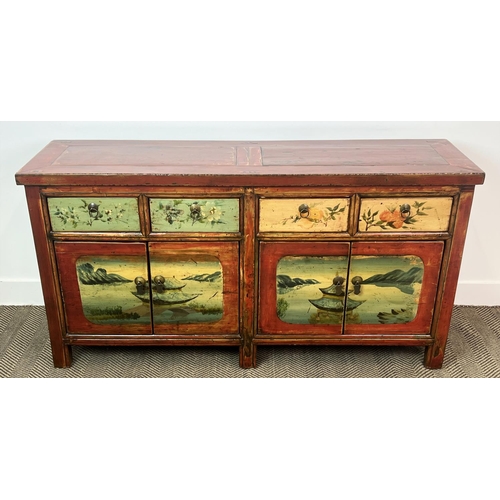 189 - CHINESE SIDE CABINET, scarlet lacquered with pagoda decorated doors, below four frieze drawers, 79cm... 