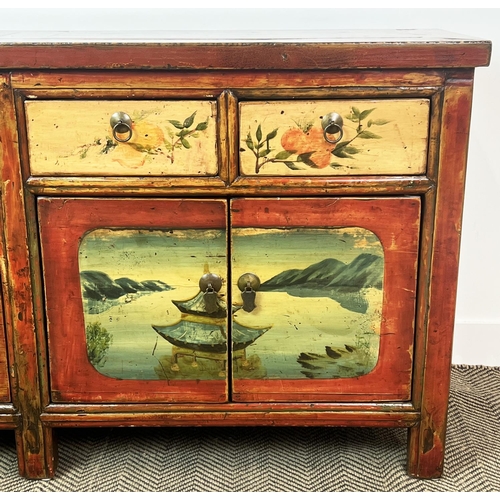 189 - CHINESE SIDE CABINET, scarlet lacquered with pagoda decorated doors, below four frieze drawers, 79cm... 