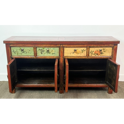 189 - CHINESE SIDE CABINET, scarlet lacquered with pagoda decorated doors, below four frieze drawers, 79cm... 